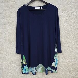 Susan Graver Top Women Large Tunic Blue Liquid Knit 3/4 Sleeve Flowers Career